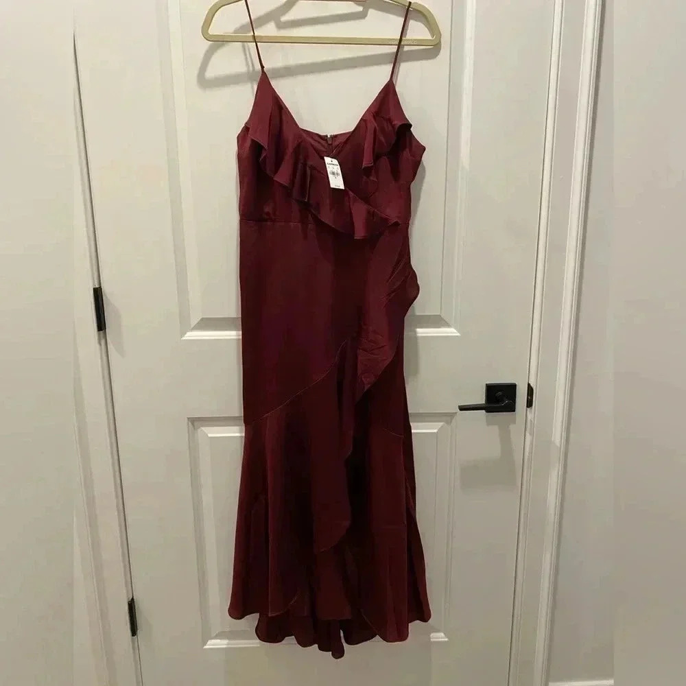 Chiffon Ruffle Wrap Hi-Lo Maxi Dress Burgundy
